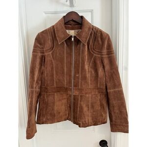 Wilsons Leather Brown Suede Zip Up Jacket Paisley Lining Contrast Stitch